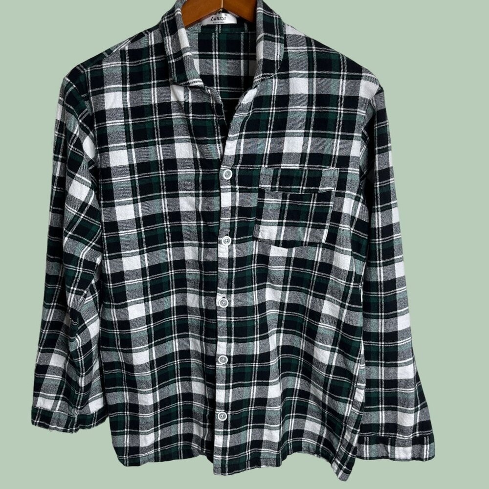 Latuza Shirt Mens Small White Green Black Flannel Plaid Check Pocket Long Sleeve